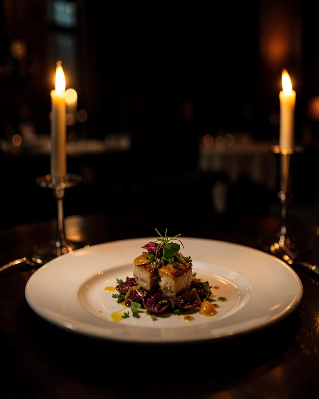 Elegant plated dish at a candlelit Orlando fine dining restaurant